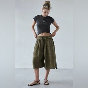 Out From Under Cabot Cotton Gauze Jort Medium Olive Wide Leg Longline Shorts